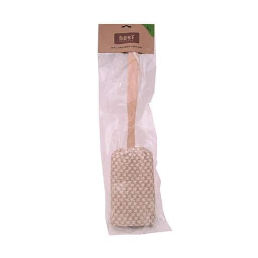 linen bath sponge with ropes in the handle
